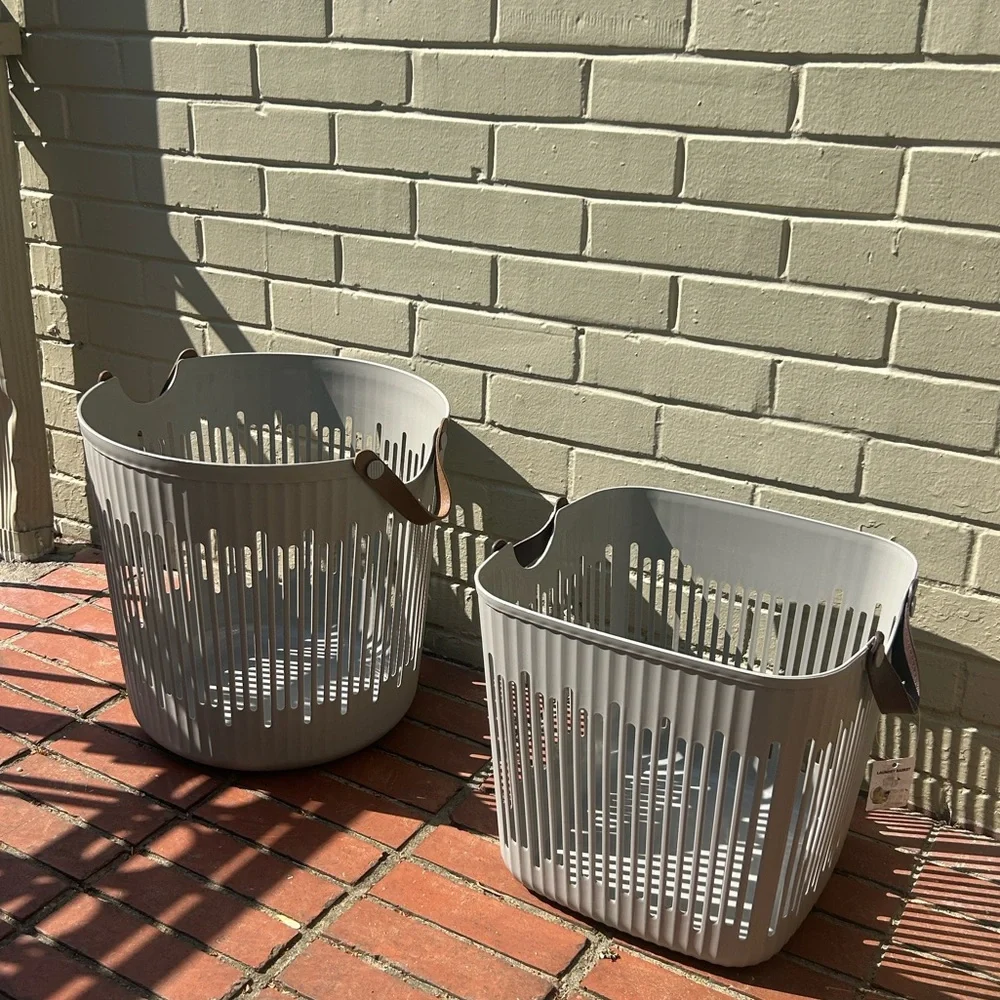Japandi Scandinavian Modern Slotted Laundry Basket Leather Handles New Gray Tote